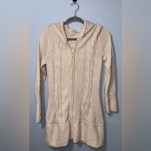 Athleta Beige Cable Knit Hooded Long Cardigan Small cotton/cashmere blend * Flaw